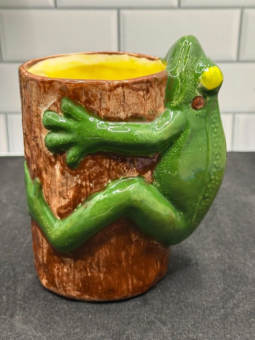 Hand-Painted Ceramic Frog Planter Tree Trunk Design With Glossy Finish